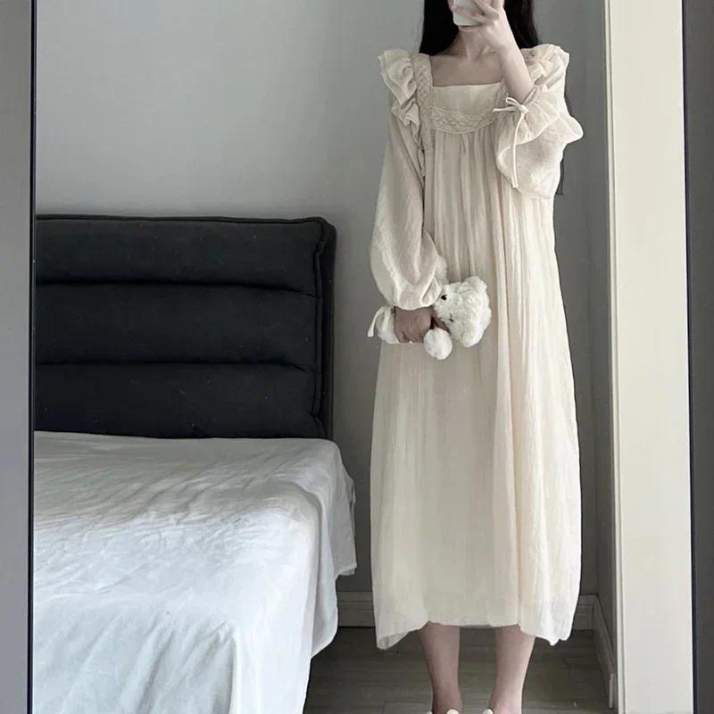 Ruffles Nightgown Sleepwear Women Korean Night Dress Solid Spring One Piece Pajamas Long Sleeve Square Collar Home Wear 2026 New