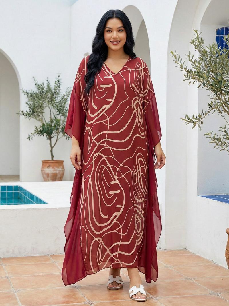 EDOLYNSA Kaftan Dresses for Women printing Moo Moo Dress cozy beach wear vacation Boho Chiffon ruffle edge bathing suit cover up muumuu caftan Boho Casual Kaftan daily wear Q1877