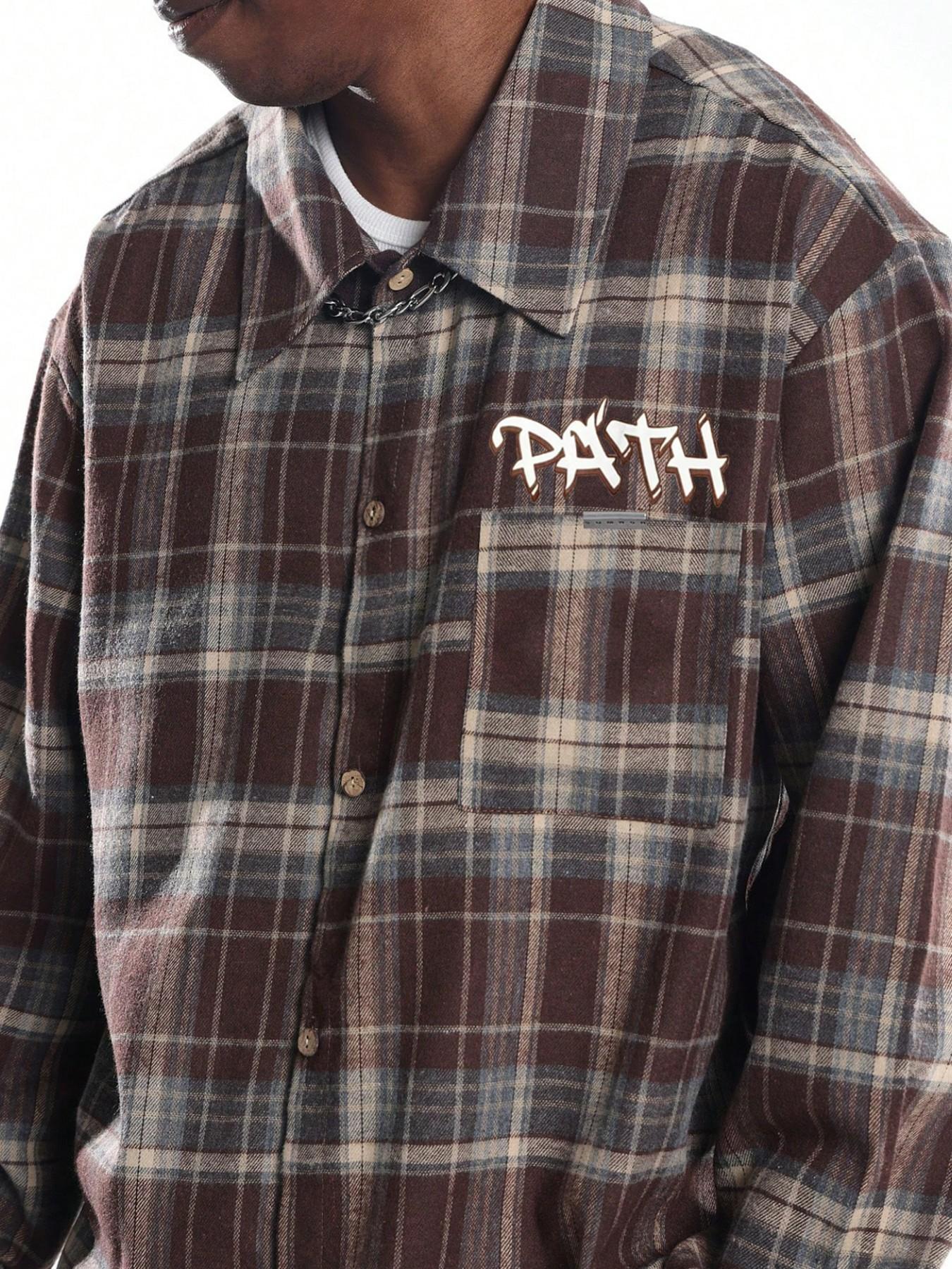 Long Sleeve Plaid Shacket | Bold Back Graffiti Slogan Printing, Drop Shoulder Baggy Top For Young Guys Urban Street Style & Casual Outdoor Wear, Printed Shirts