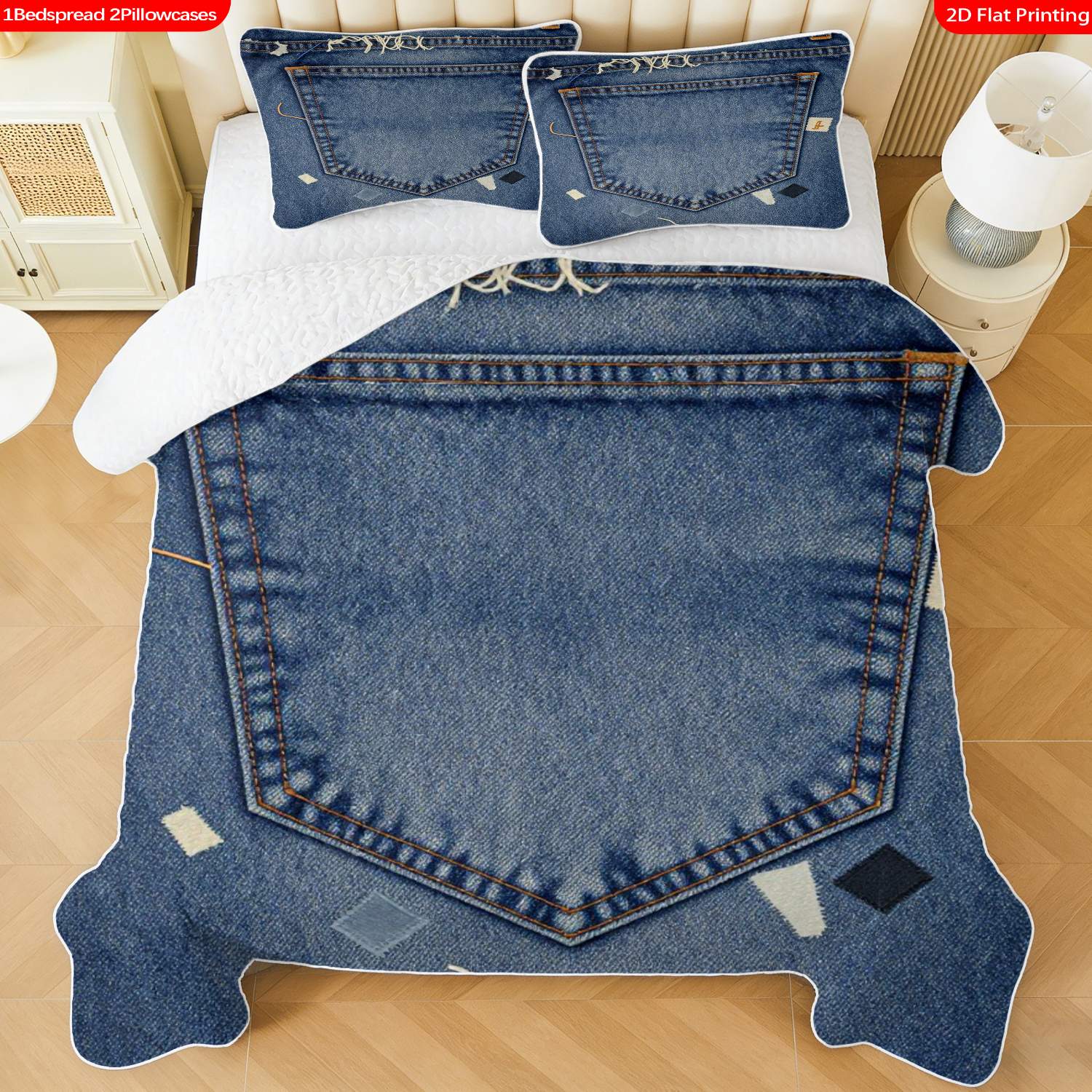 3 pcs, 2D flat print Denim Patchwork bed cover set, Jeans-inspired theme, multiple sizes available, bedding set, festive decorative bedding, ideal for bedroom decor(1 bedspread , 2 pillowcases)
