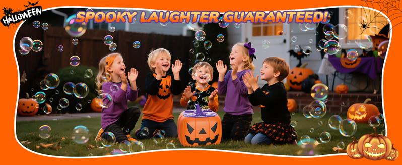 Pumpkin Bubble Machine with Spooky Sounds and Lights, Rechargeable Bubble Maker with Bubble Solution for Halloween Parties and Decor