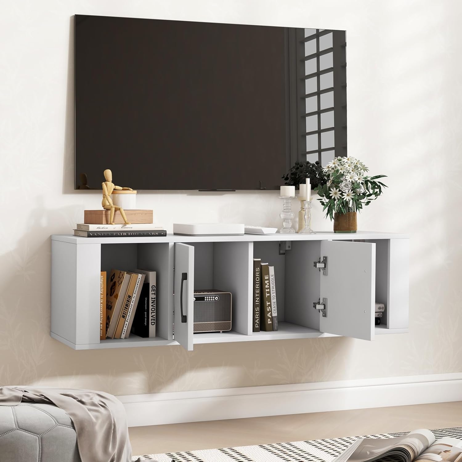 Wall Mounted Storage Cabinet 2 Cube Floating Media Hanging Desk W/2 Doors and 2 Open Shelves, Home Office Furniture for Kitchen, Bathroom, Living Room Floating Console Hutch (White)