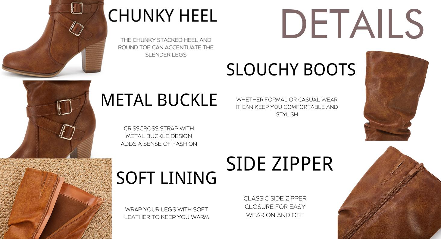 Coutgo Womens Mid Knee High Boots Chunky Heel Slouchy Metal Buckle Side Zipper Fashion Winter Shoes Coutgo Womens Mid Knee High Boots Chunky Heel Slouchy Metal Buckle Side Zipper Fashion Winter Shoes