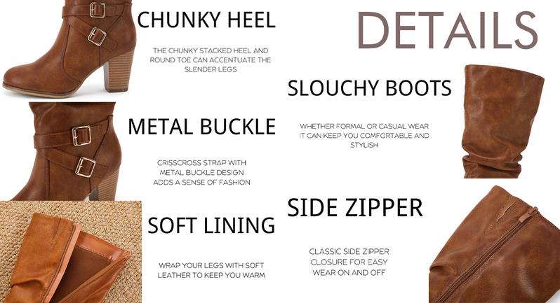 Coutgo Womens Mid Knee High Boots Chunky Heel Slouchy Metal Buckle Side Zipper Fashion Winter Shoes