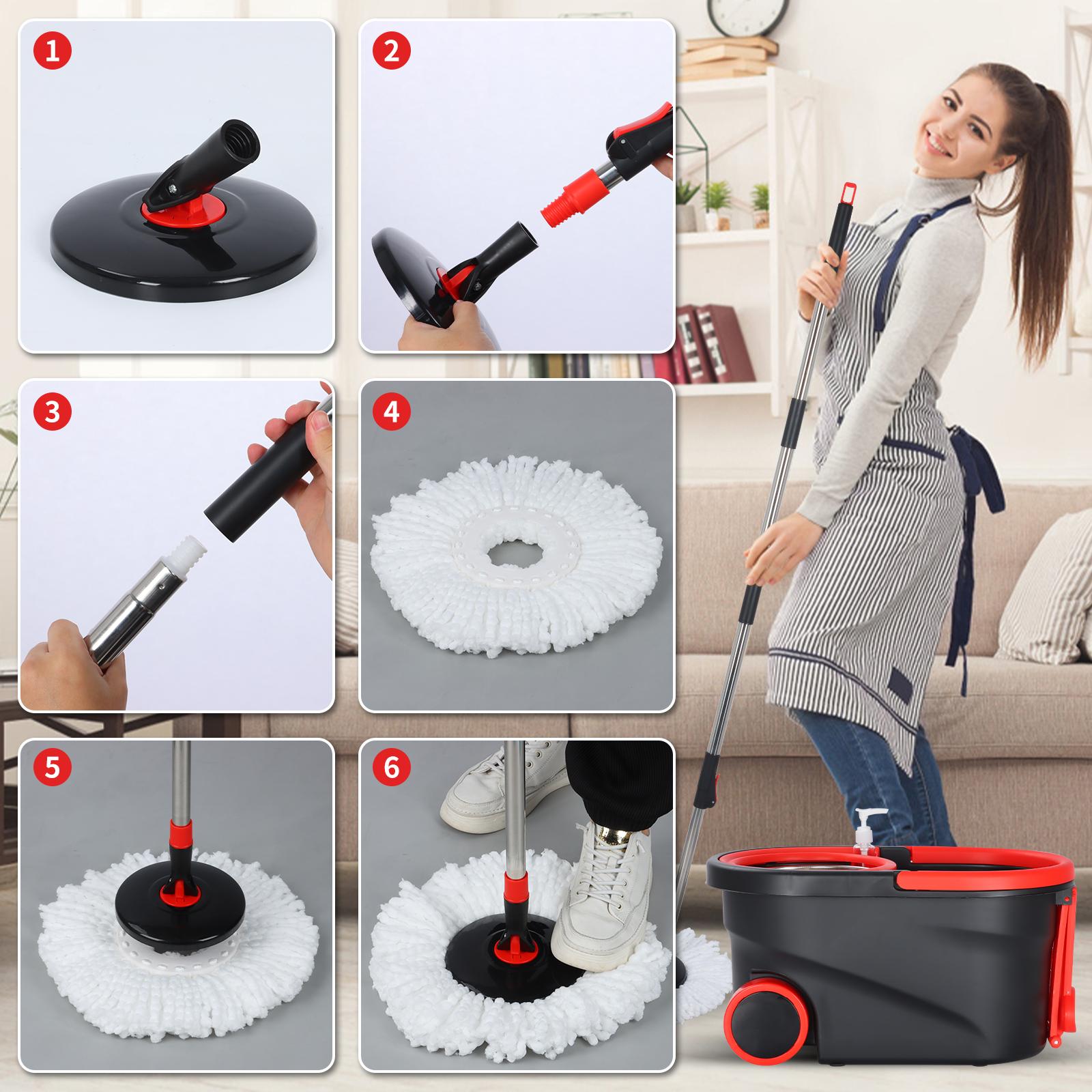 Spin Mop and Bucket with Wringer Set Stainless Steel 360 Floor Mop Bucket on Wheels 3 Microfiber Heads Telescoping Rod 38-61 Inches Adjustable Buckle Hook