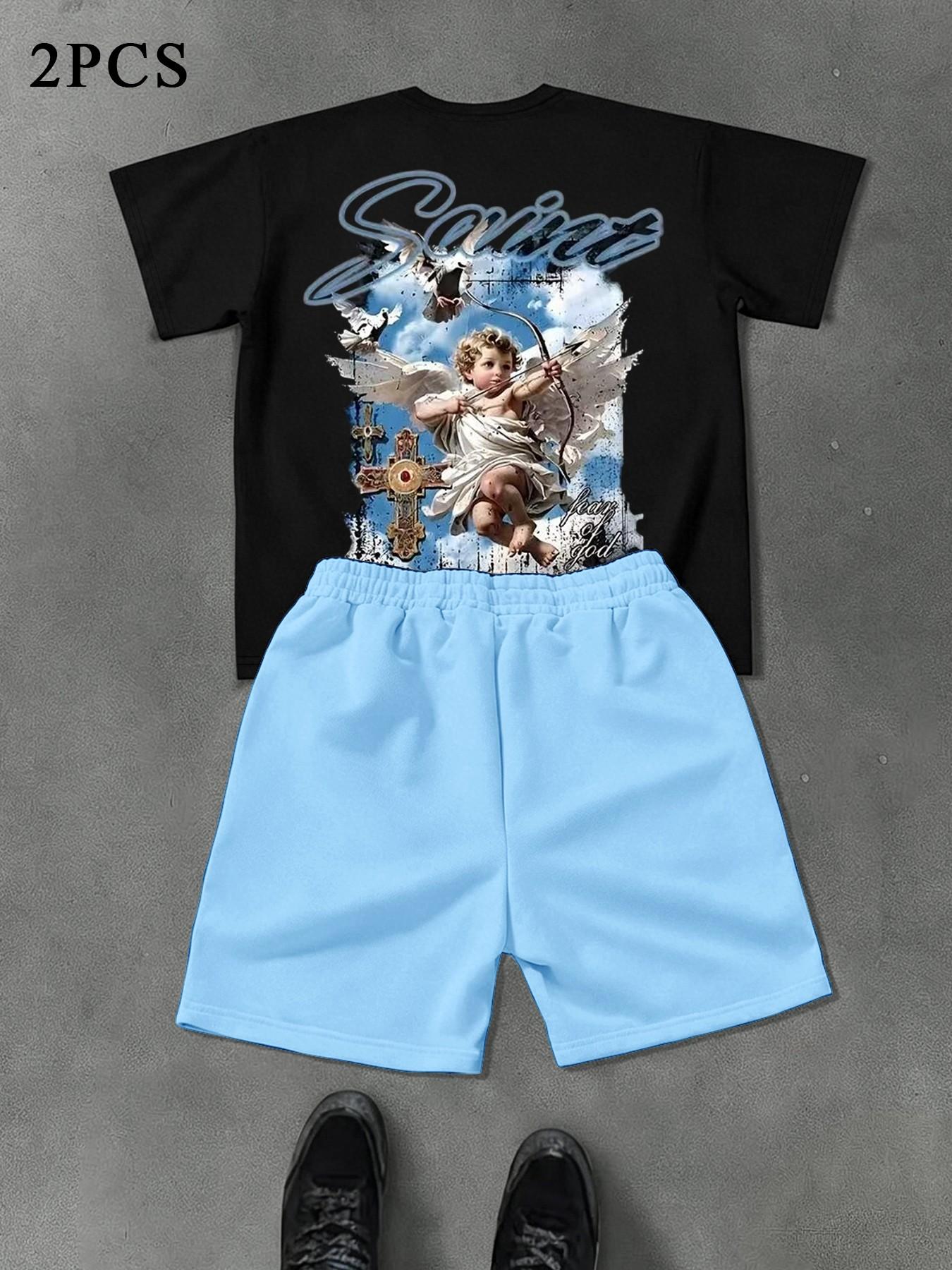Men's Summer Angel Print 2-Piece Outfit Set, Matching Sets, Round Neck Casual Short Sleeve Top and Loose Drawstring Shorts, Ideal for Outdoor Activities and Streetwear Clothes