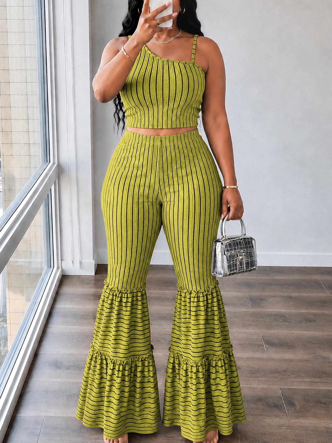 Women's Summer Striped Two-Piece Set, Lightweight Sleeveless Top and Ruffled Bell Bottom Pants, Chic Outfit for Casual Wear, Summer Vacation and Street Style