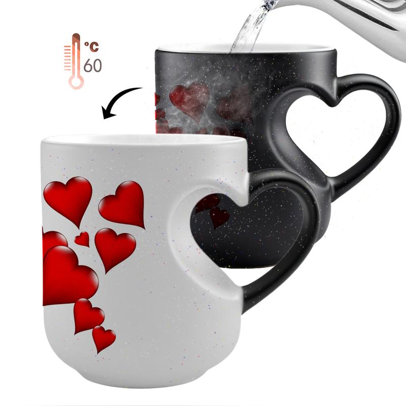 1pc Magical Color-Changing Novelty Coffee Mug with Heart-Shaped Handle, 11oz Unique Red Heart Design, Heated Gradient Mug, Insulated & Reusable, Perfect for Birthdays, Valentine's Day and Holiday Gifts