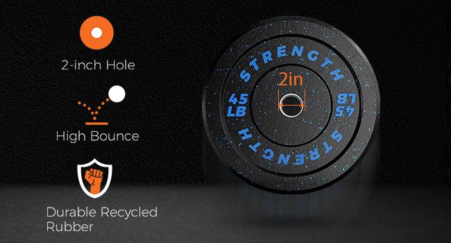 FathersDayGift High Bounce Bumper Plates Set, 2 Inch Weight Plates for Strength Training, 100-260lbs Floor-Protective Barbell Weights for Home Gym & Weight Lifting.