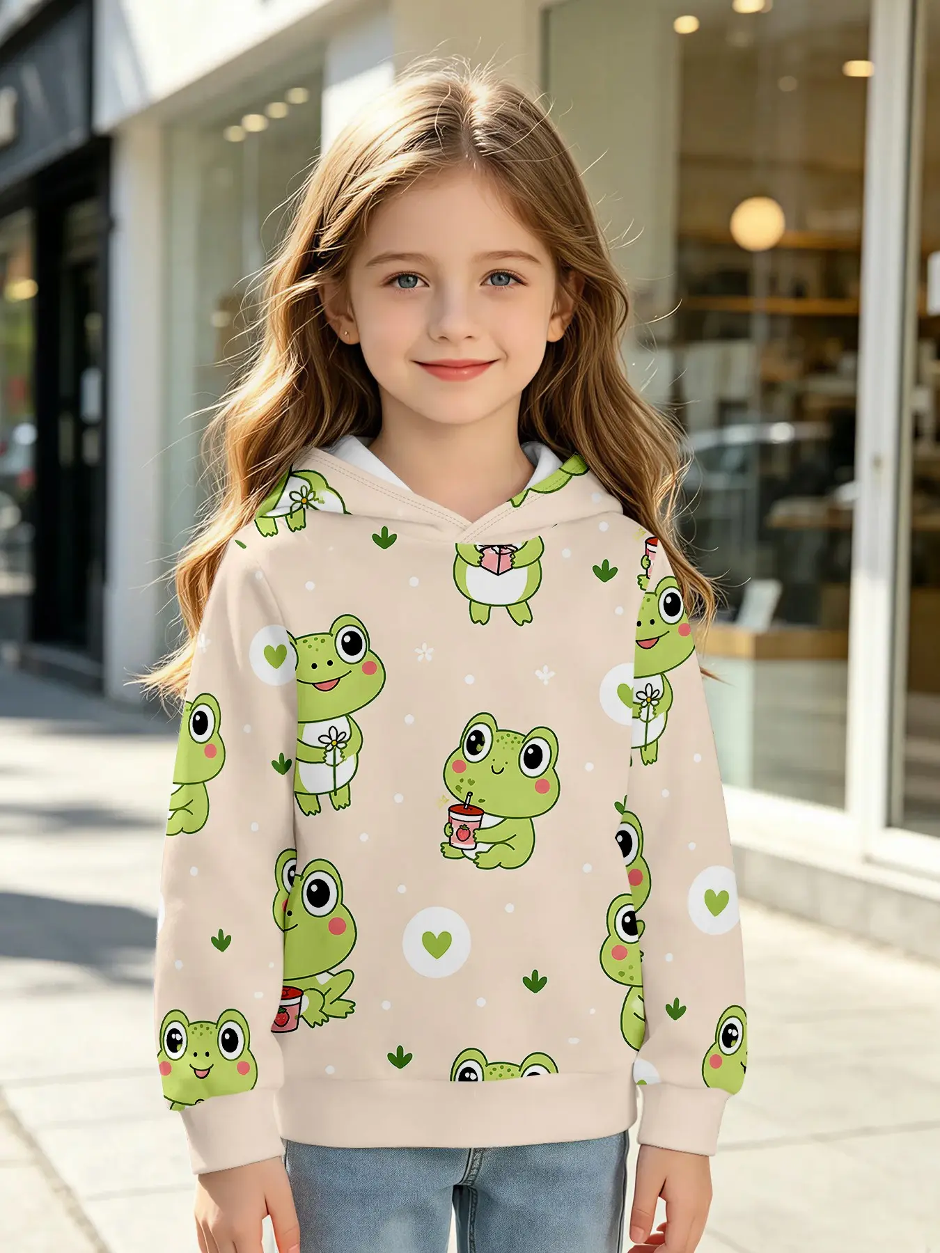 Unisex Cartoon Frog Full Print Hooded Top, Cute Kids' Long Sleeve Loose Fit Jumper, Fall & Winter Casual Clothing for Boys and Girls