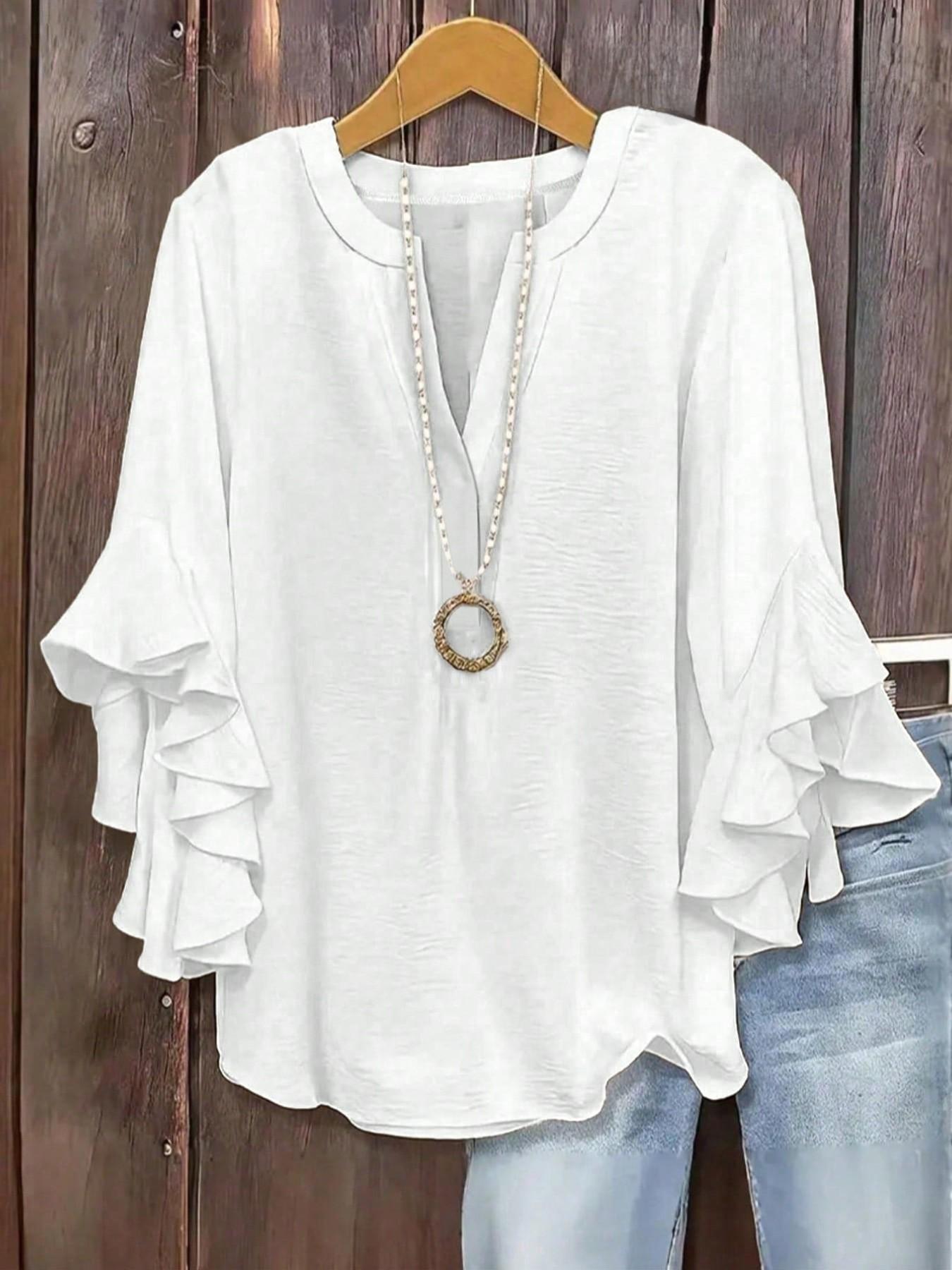 Plus Size Women's Ruffled Sleeve Notched-Neck Fitted Blouse Shirts, Elegant Comfortable and Stylish Solid Color Top, Perfect for Everyday Casual Wear Plus Size Women's Ruffled Sleeve Notched-Neck Fitted Blouse Shirts, Elegant Comfortable and Stylish Solid Color Top, Perfect for Everyday Casual Wear