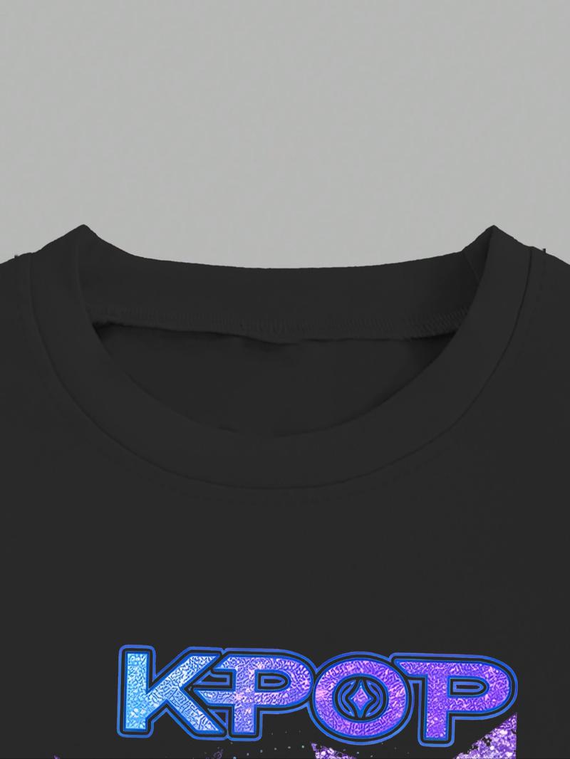 K-Pop Demon Hunters Girl Set, Y2K Sweet Cool Kpop Style, Short Sleeve T-Shirt & Derpy Huntrix Cartoon Pants