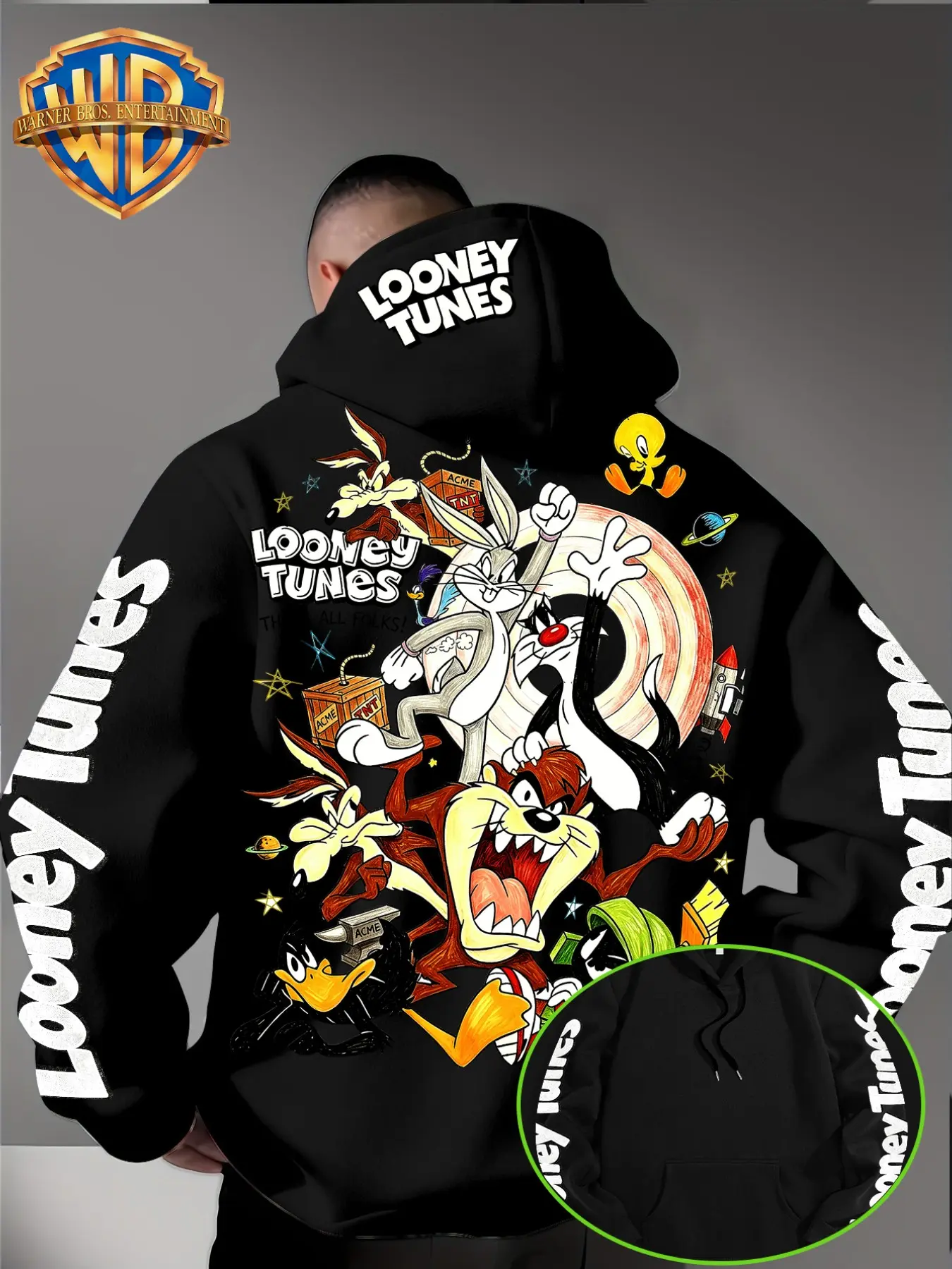 Official Warner Bros Licensed Looney Tunes Zip Up Hoodie, Graphic Hoodie, Looney Tunes Space Hand-drawn Cartoon Print, Matching Bold Letter Print on Hood & Sleeve, Loose Fleece Hooded Sweatshirt, Unisex, Halloween Christmas Gift