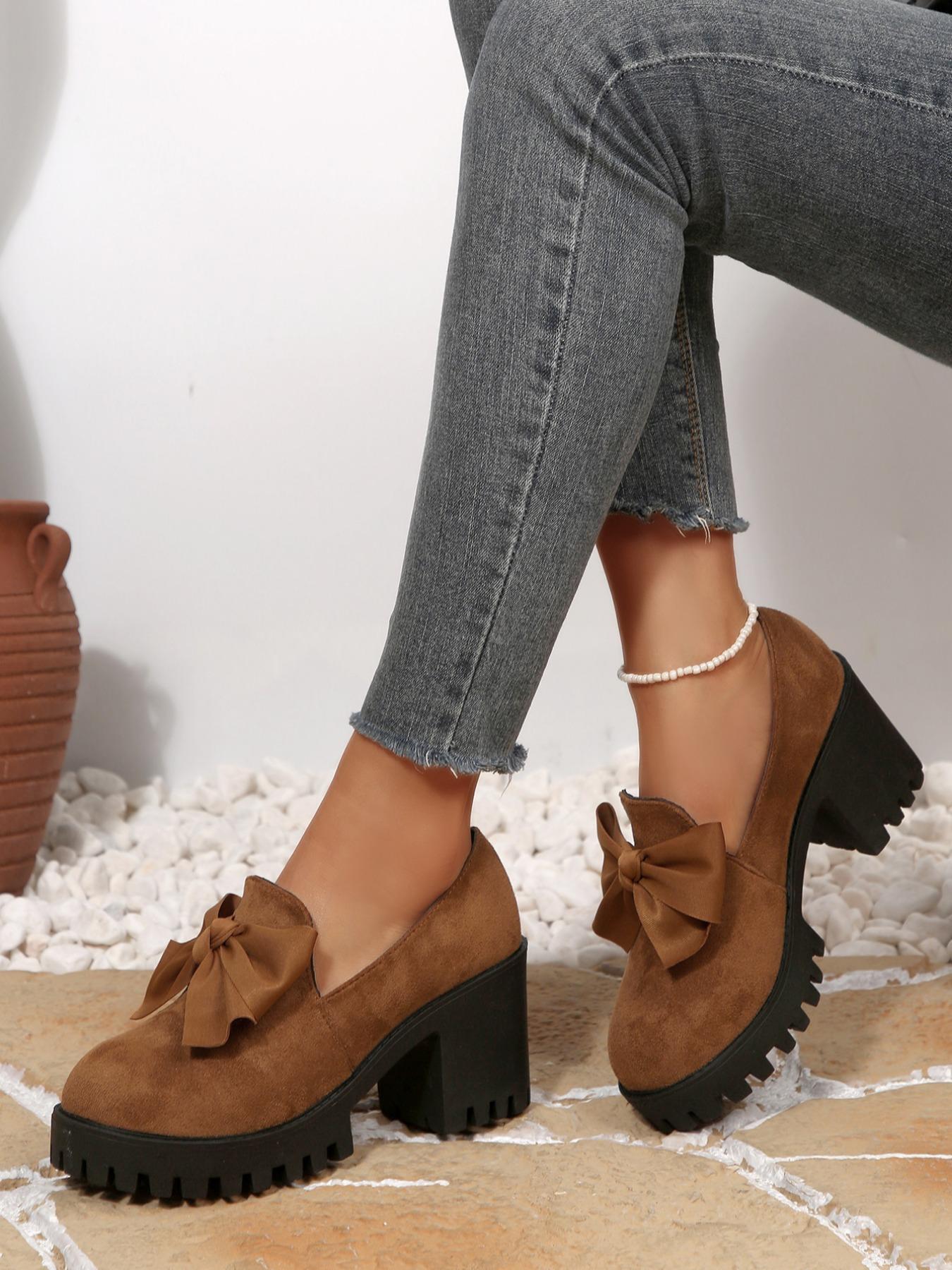 Women's Fashion Bow Design Slip-On Platform Loafers, Casual Fall Winter Shoes, Comfortable Round Toe Daily Wear, Thick Sole Leather Boots