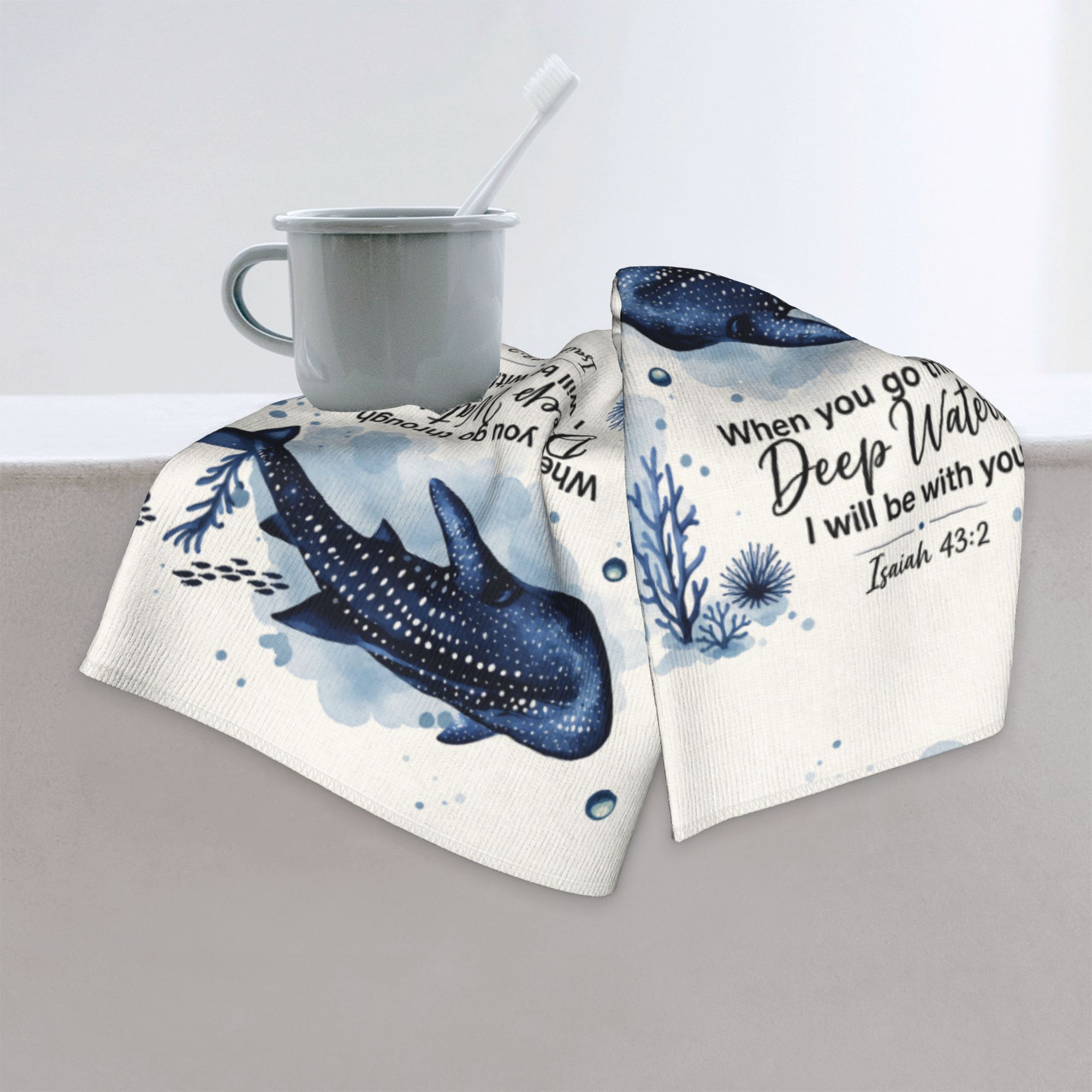 Fluffy Personal Customizable Whale-Themed Microfiber Hand Towel - 300g Polyester Soft Absorbent Bathroom Towel, Isaiah 43:2 Inspirational Quote Print, Multi-Use Small Plush Face Cloth for Home, Travel & Gift