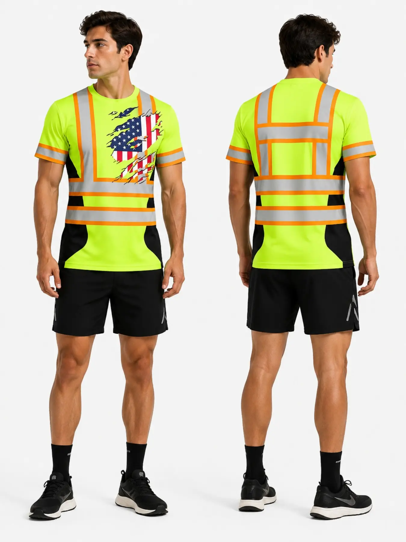 American Flag Safety Short Sleeve, Fluorescent High Visibility Reflective, Construction Road Patrol, Quick-Dry Workwear Top