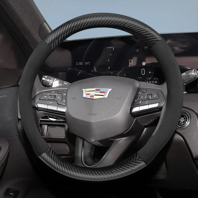 For Cadillac Carbon Fiber Texture Leather Suede Steering Wheel Cover Accessories Ultra-thin anti-slip Breathable Protective Cover For ESCALADE/LYRIQ/XT5/XT4/XT6/CT5/CT4/CELESTIQ/OPTIQ/VISTIQ Black Wine Red Brown Mocha brown