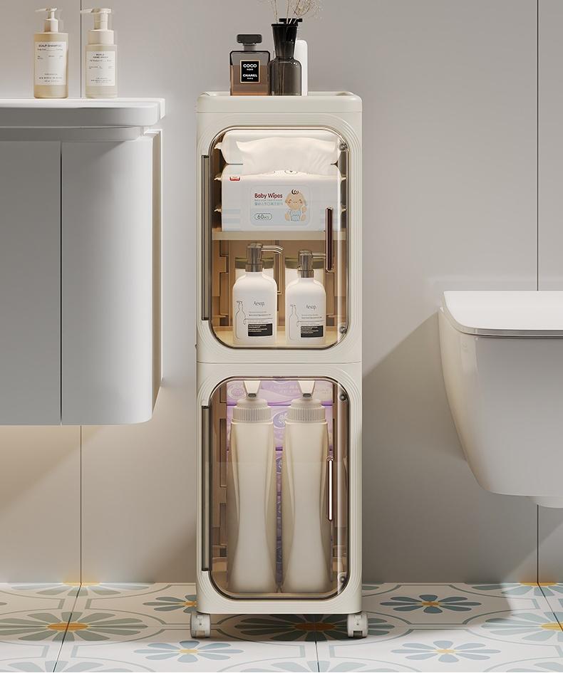 UFORU 4-Tier Tall Narrow Storage Cabinet, Plastic Slim Storage Organizer with Doors and Adjustable Shelves, Wheels, Stackable & Collapsible Storage Cabinet for Small Spaces, Bathroom, Kitchen Cupboard, bathroom organizer