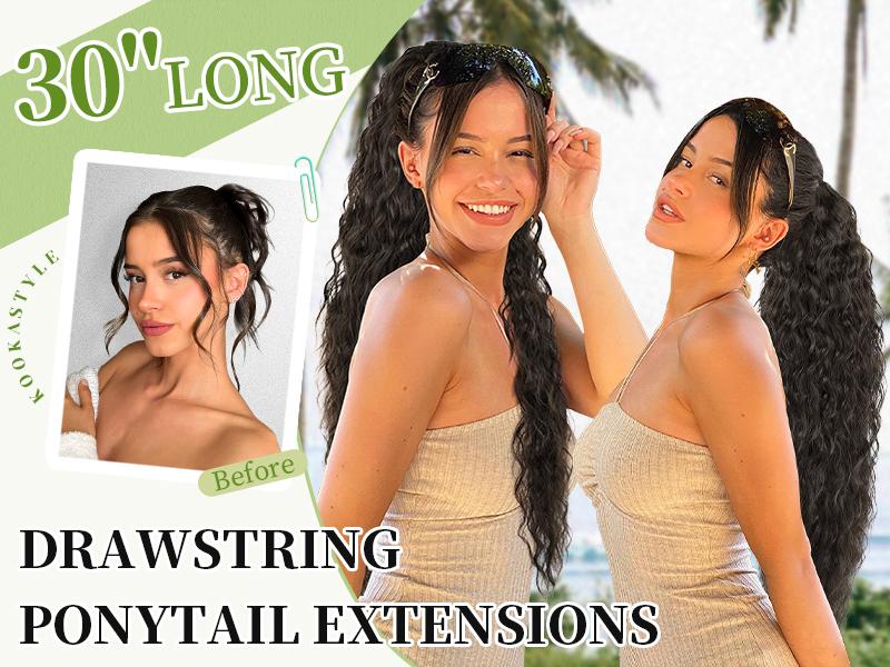 ORSUNCER Ponytail Extension 30 Inch Drawstring Pony Tails Hair Extensions for Women Long Curly Brunette Brown Ponytail Synthetic Hairpieces for Daily Use