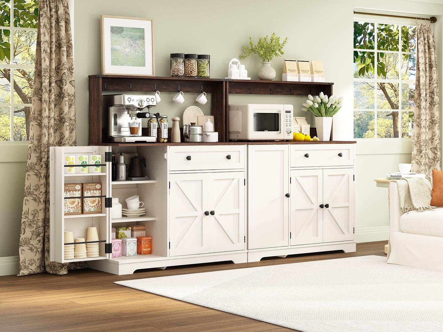 PieDle 39" Rustic Coffee Bar Cabinet with Drawer, Charging Station & Adjustable Shelves, Kitchen Hutch Sideboard for Dining Room Storage