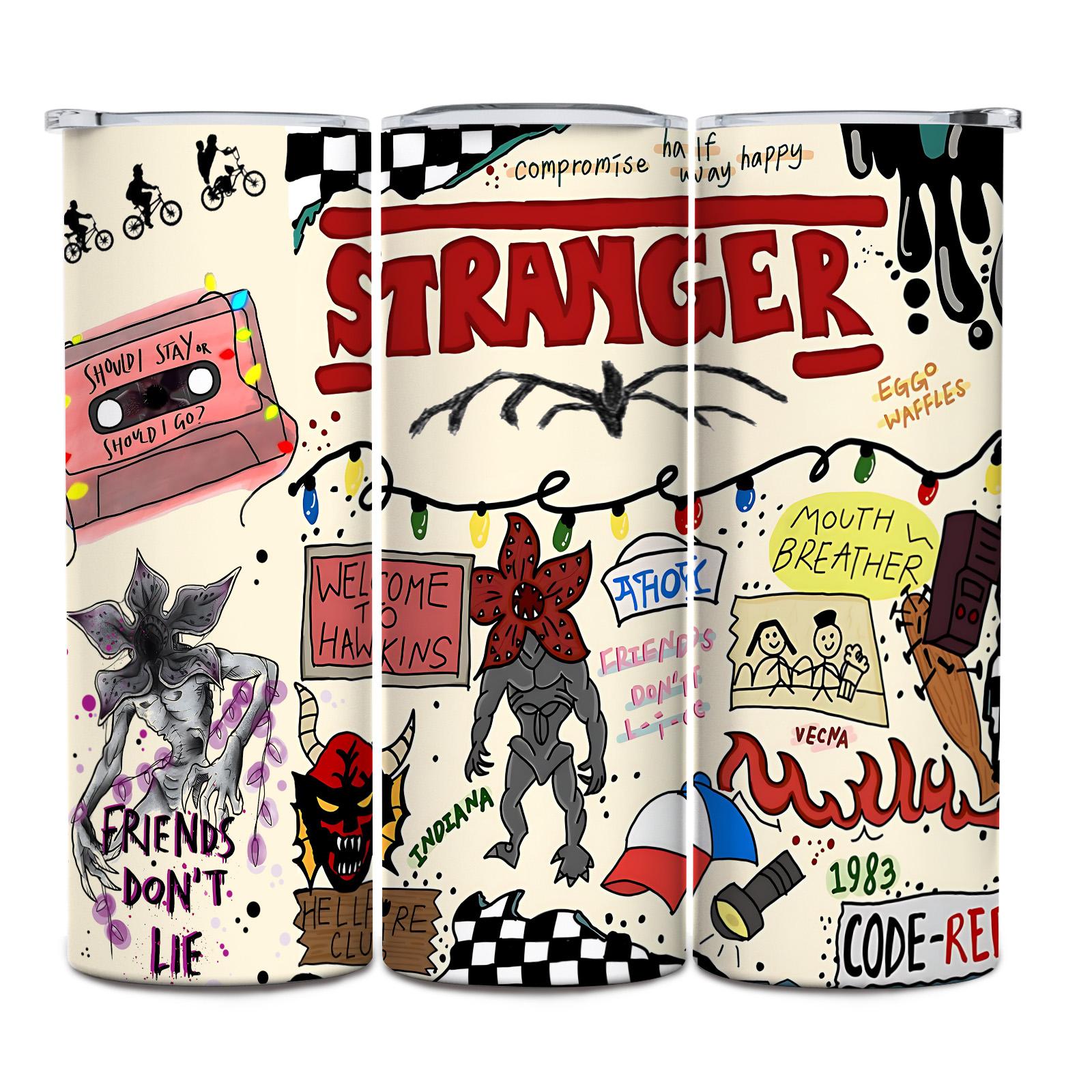 1 Pc 20oz Skinny Vacuum Cup, Tumbler, Funny Dad Tumbler, Insulated Travel Drinkware, Retro 80s sci fi doodle collage, monster art, double wall steel, leak proof lid, keeps hot 12 hours, cold 24 hours, movie fan gift, gift for friends