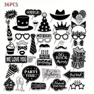 36pcs of Birthday Photo Booth Props Happy Birthday Props, Birthday Party Photo Decoration Props Set, Decoration Party and Dance Party Black Golden Photo Decoration for Halloween,Christmas Event & Party Supplies Halloween&Christmas for Christmas