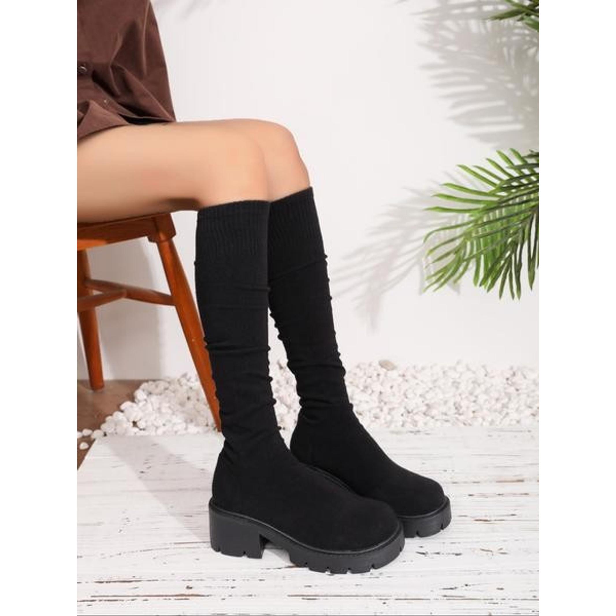 Women's Over-The-Knee Sock Boots, Fall & Winter Sexy Style Knitted Long Booties, Thick Sole Textile Upper Rubber Sole, Daily Wear Boots