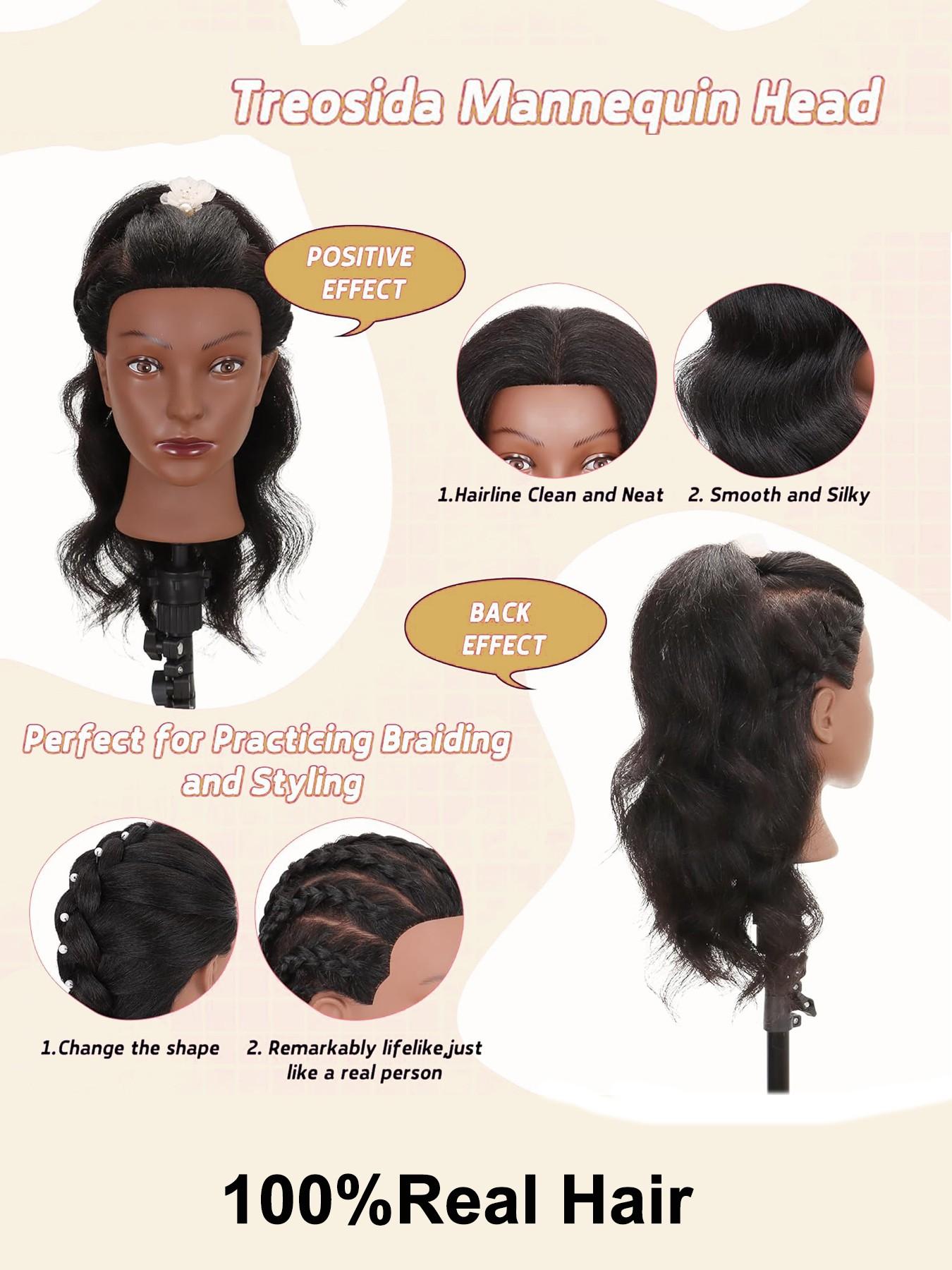 16 Inch 100% Real Hair Mannequin Head, Training Head Manikin for Cosmetology, Hairdresser Practice, Braiding & Styling with Clamp Stand