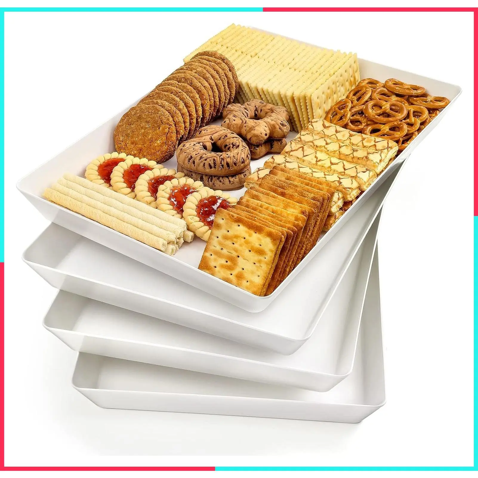 4-Pack Large White Plastic Serving Trays 16" x 11" - Reusable Platters for Cookies, Appetizers, Charcuterie, Snacks, Desserts, Party Food Display - Stackable Kitchen Countertop Trays, BPA Free