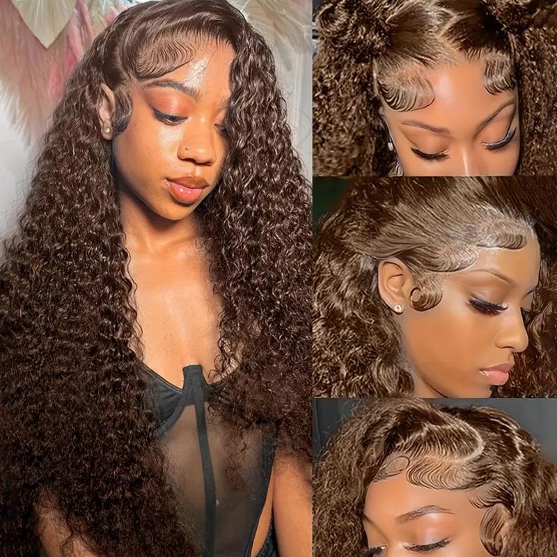 Bling Hair Deep Wave Chocolate Brown Colored 13x4/13x6 HD Transparent Lace Wigs Human Hair 180% Density for Women Pre Plucked with Natural Hairline