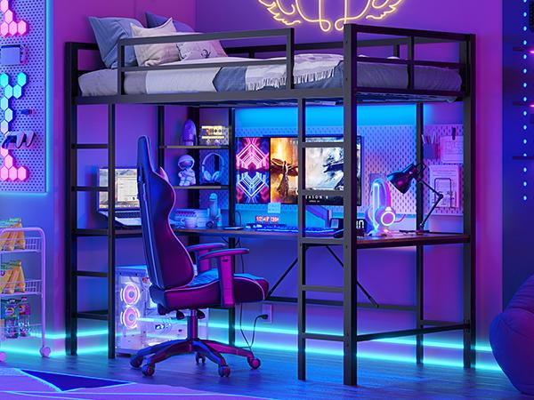 Hasuit Twin Size Loft Bed with Desk U-Shaped | Heavy Duty Metal Frame & Built-in Charging Station | RGB APP-Controlled LED Lights, Safety Guardrails + Open Shelves | No Box Spring Needed Easy Diy Assembly