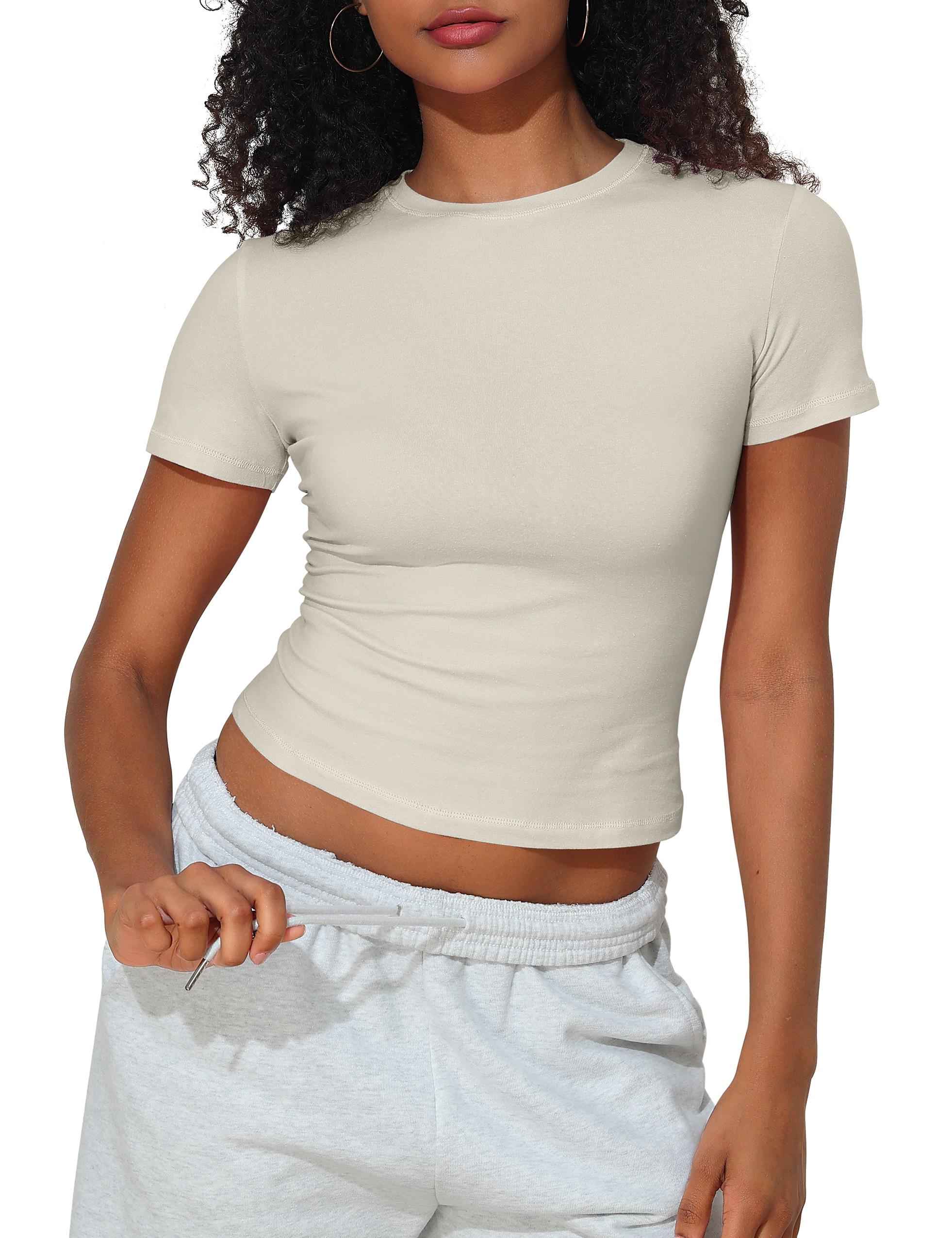 Hilor Women's Casual Basic T-Shirts Going Out Crop Tops Cotton Short Sleeve Tees Tight Fitted Crewneck T Shirts