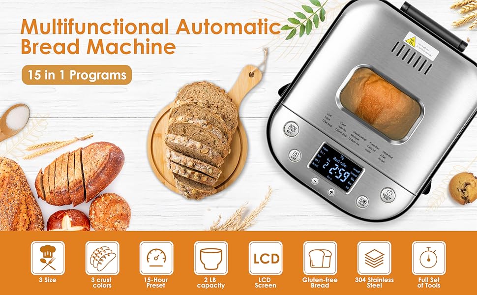 Automatic Bread Maker, 2LB 1.5LB 1LB Bread Maker Machine with  with Gluten-Free Setting, 15-in-1 Stainless Steel Bread Maker with Recipes