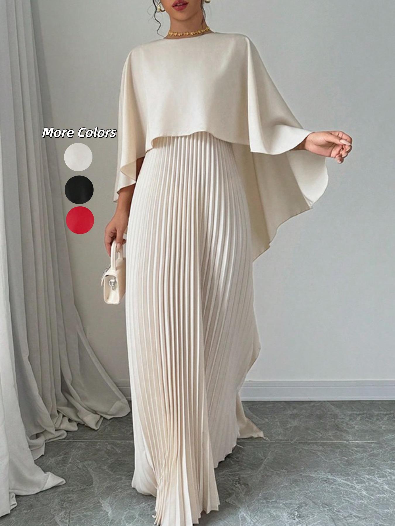 Women's Plain Pleated Cloak Sleeve Maxi Dress, Elegant Round Neck Dress for Party Holiday Wedding Guest, Ladies Spring & Fall Clothes， Valentine's Day Gift for Girl