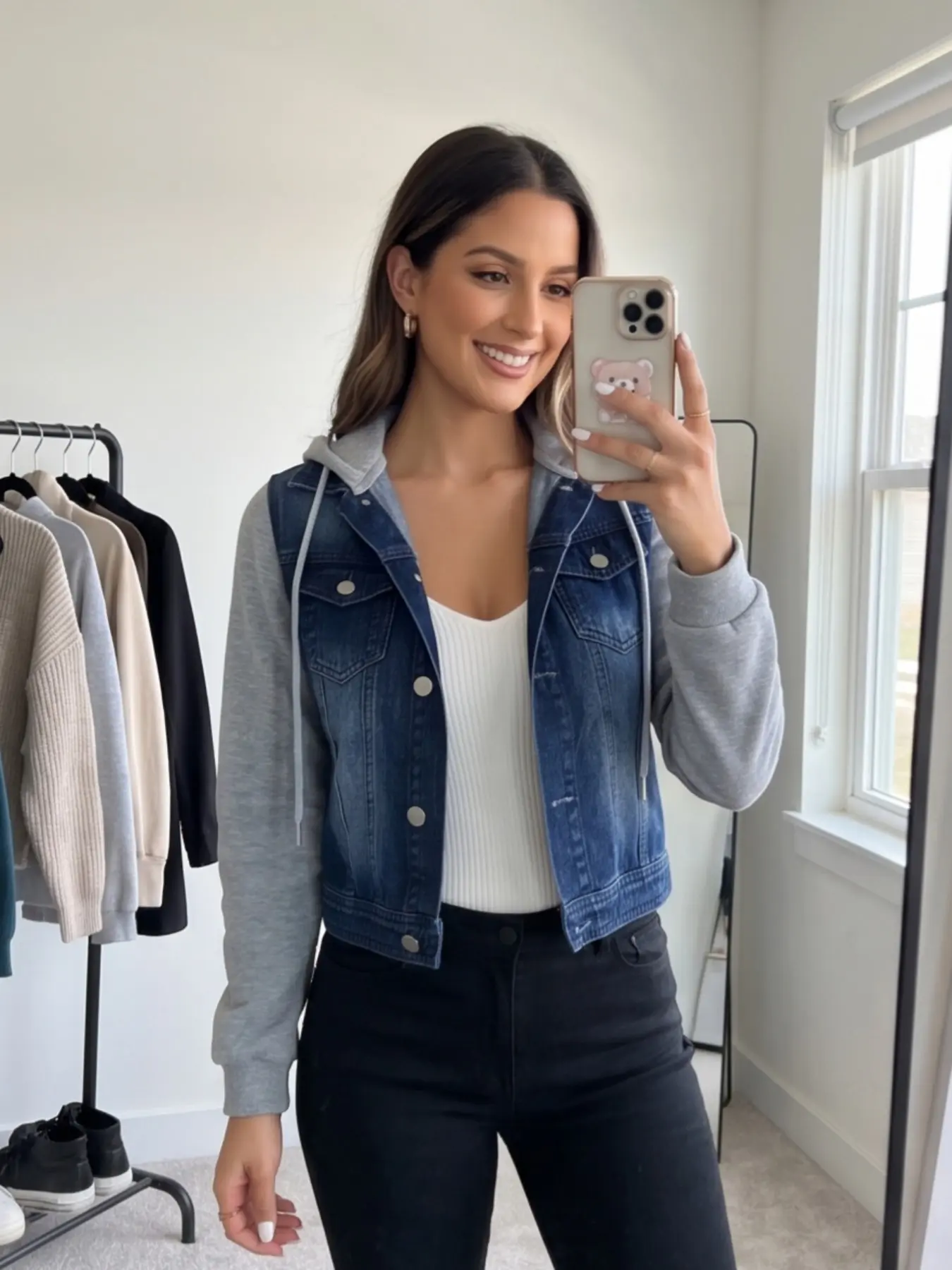 Women's Two-Piece Hooded Denim Jacket, Colorblock Sweatshirt Sleeve Denim Coat, Boho Style, Fitted, Solid Pattern, All Seasons