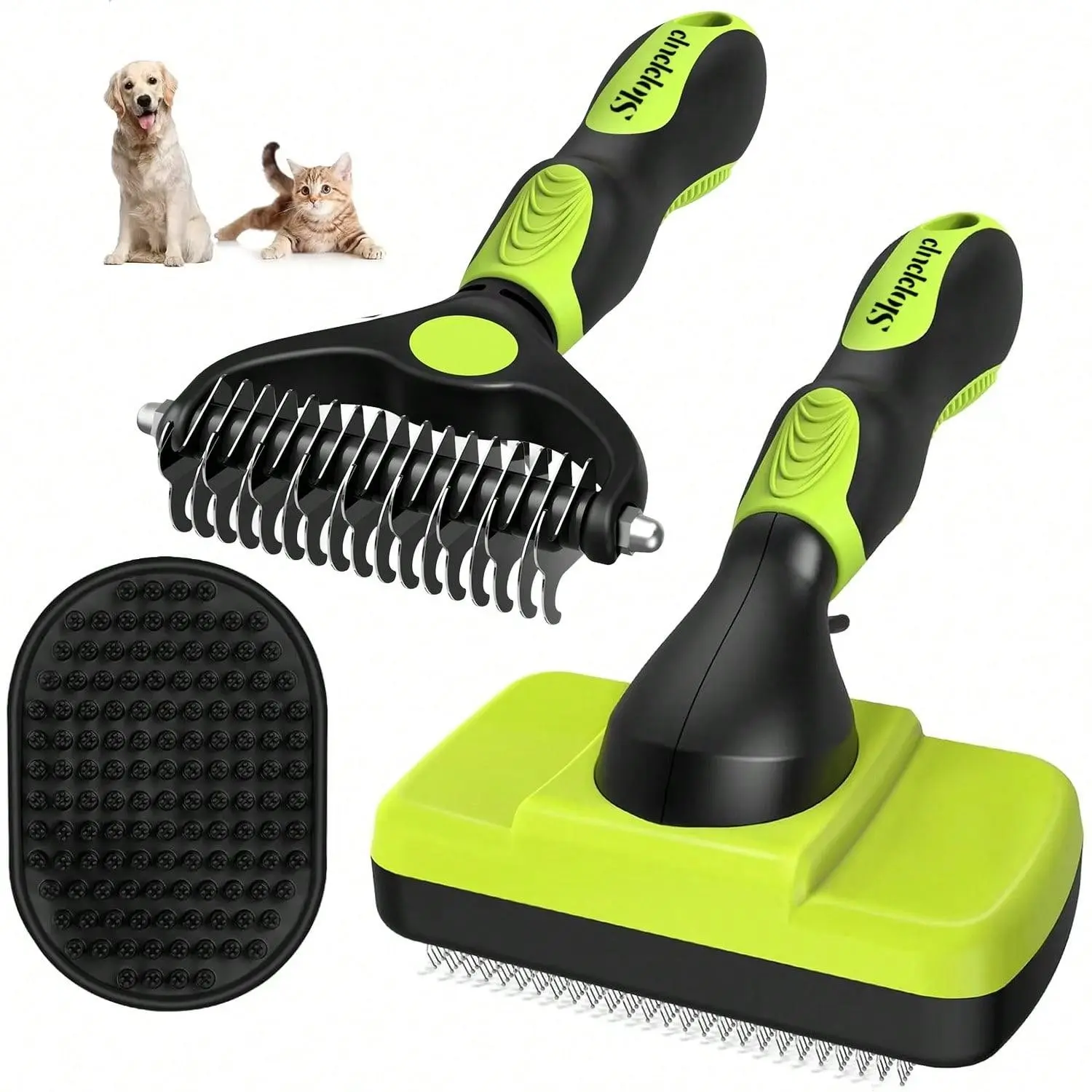Cochildor 3-Piece Pet Grooming Brush Set for Dogs, Cats & Horses, Self-Cleaning Slicker Brush, Dematting Comb, Grooming Rake & Bath Brush, Double-Sided Deshedding Tool