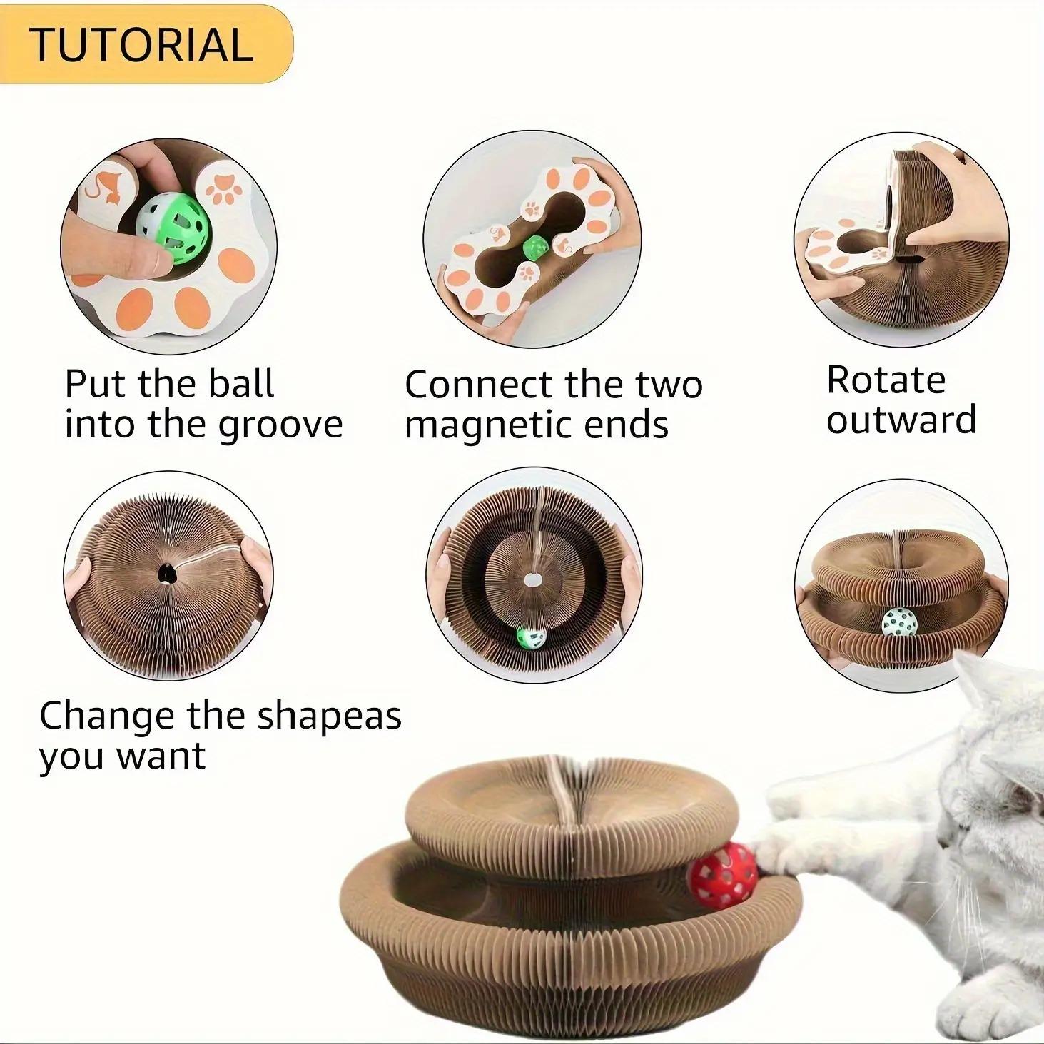 Magic Interactive Cat Scratcher Toy with Bell Ball Design, Foldable Venetian Blind Shape, Durable Cardboard, Indoor Cat Stress Relief