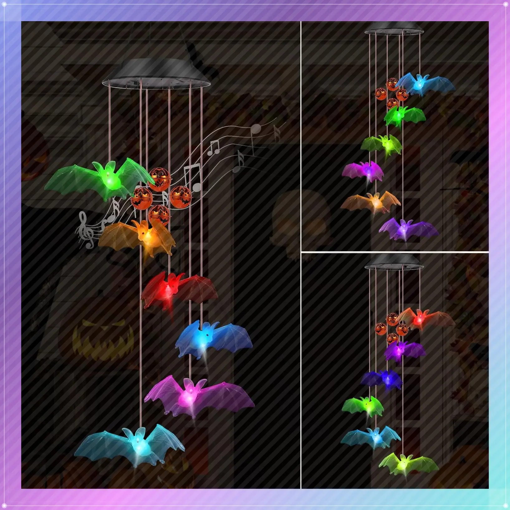 Bat Solar Lights Wind Chimes for Outside Halloween Decoration, Color Changing Halloween Wind Chimes with Pumpkin Bells, Waterproof Outdoor Solar Chimes for Garden Patio Yard Porch Party DecorGift