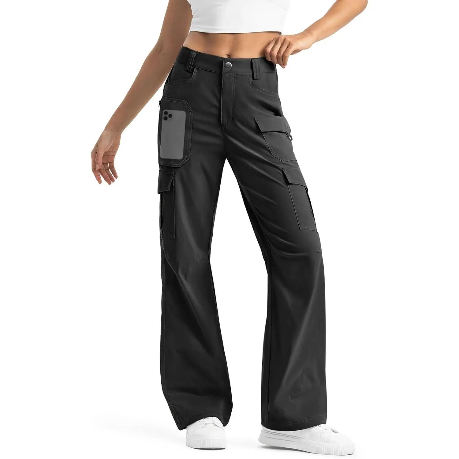 Women's High-Waist Hiking Pants - 4-Way Stretch Fabric, Water Proof, Lightweight Quick-Dry Nylon, Adjustable Cinch, Sleek Cargo Trousers with 8 Utility Pockets, Day Outdoor Travel Leg Wear