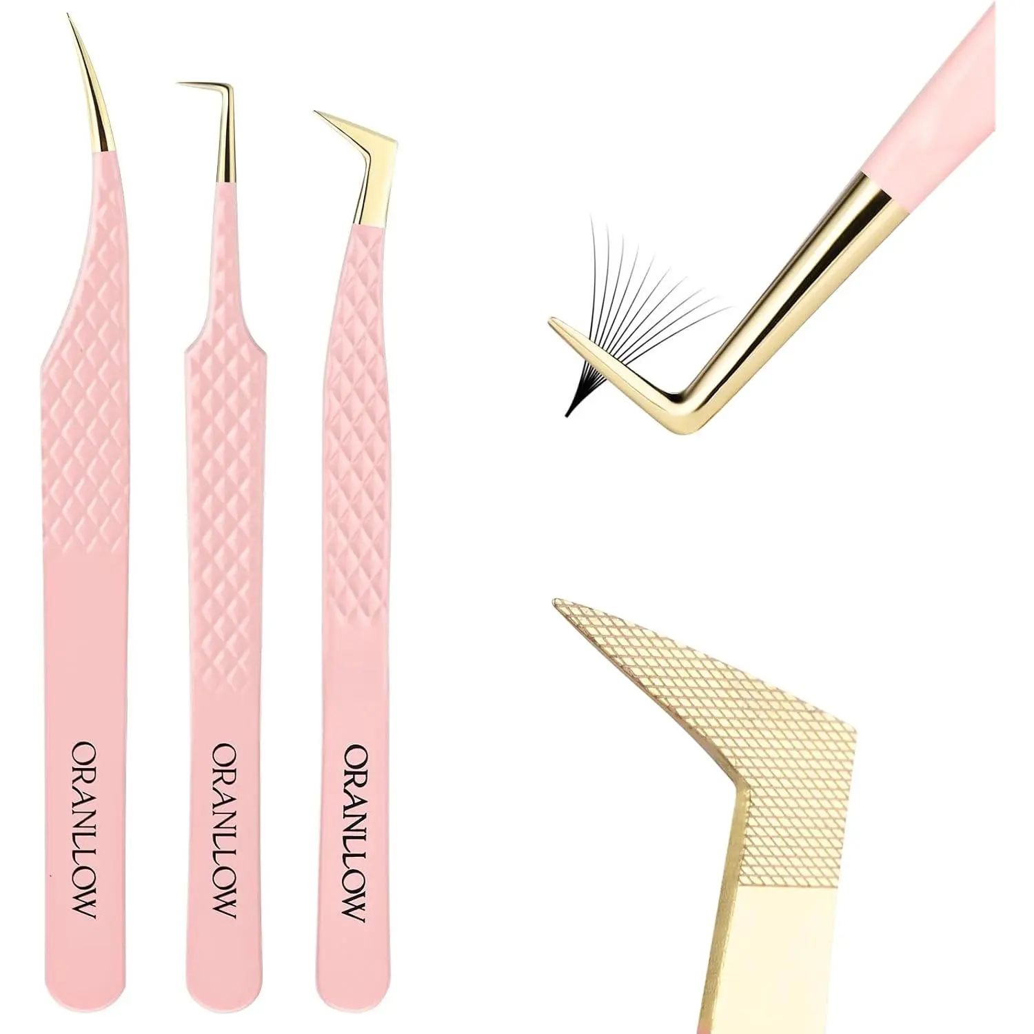 Lash Tweezers Set for Eyelash Extensions 3 Precision Fiber Tip Diamond Grip, Volume,L-shape Boot, 90 Degree Lash Tweezers for Volume Classic Lashes Premade Fans (3)