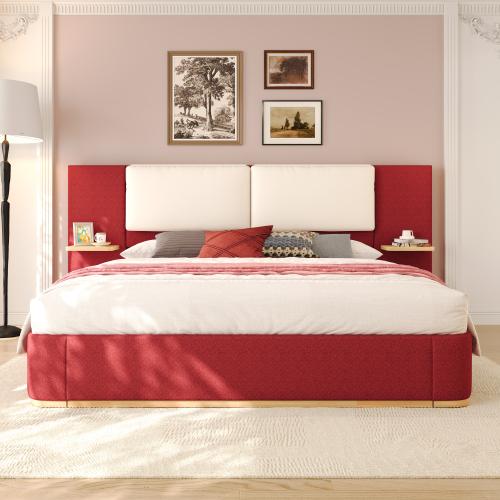 Bellemave Queen/King Size Upholstered Platform Bed with Red Diamond Tufted Headboard, Anti-Collision Soft Rounded Corners, Stable & Solid, No Box Spring Needed, Easy Assembly, Integrated Shelves for Storage