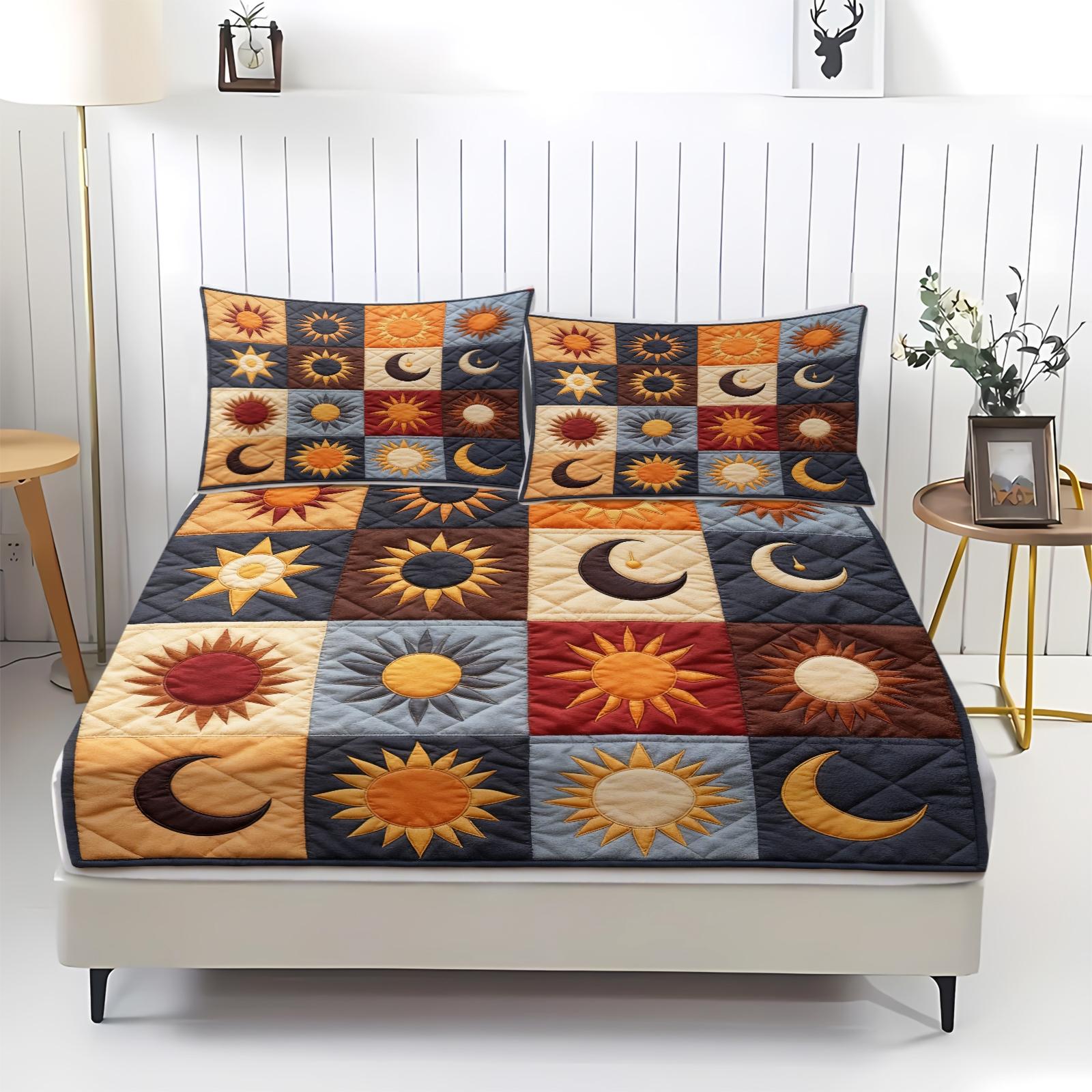 3Pcs Sun and Moon Pattern Patchwork Boho Fitted Sheet Set,Bohemian-Themed Bedding Set,Blending Freedom and Mystery, Creating A Story-Filled Bedroom Scene.Durable Soft Bedding,for Room Decoration. Includes 2 Pillowcases without Inserts.
