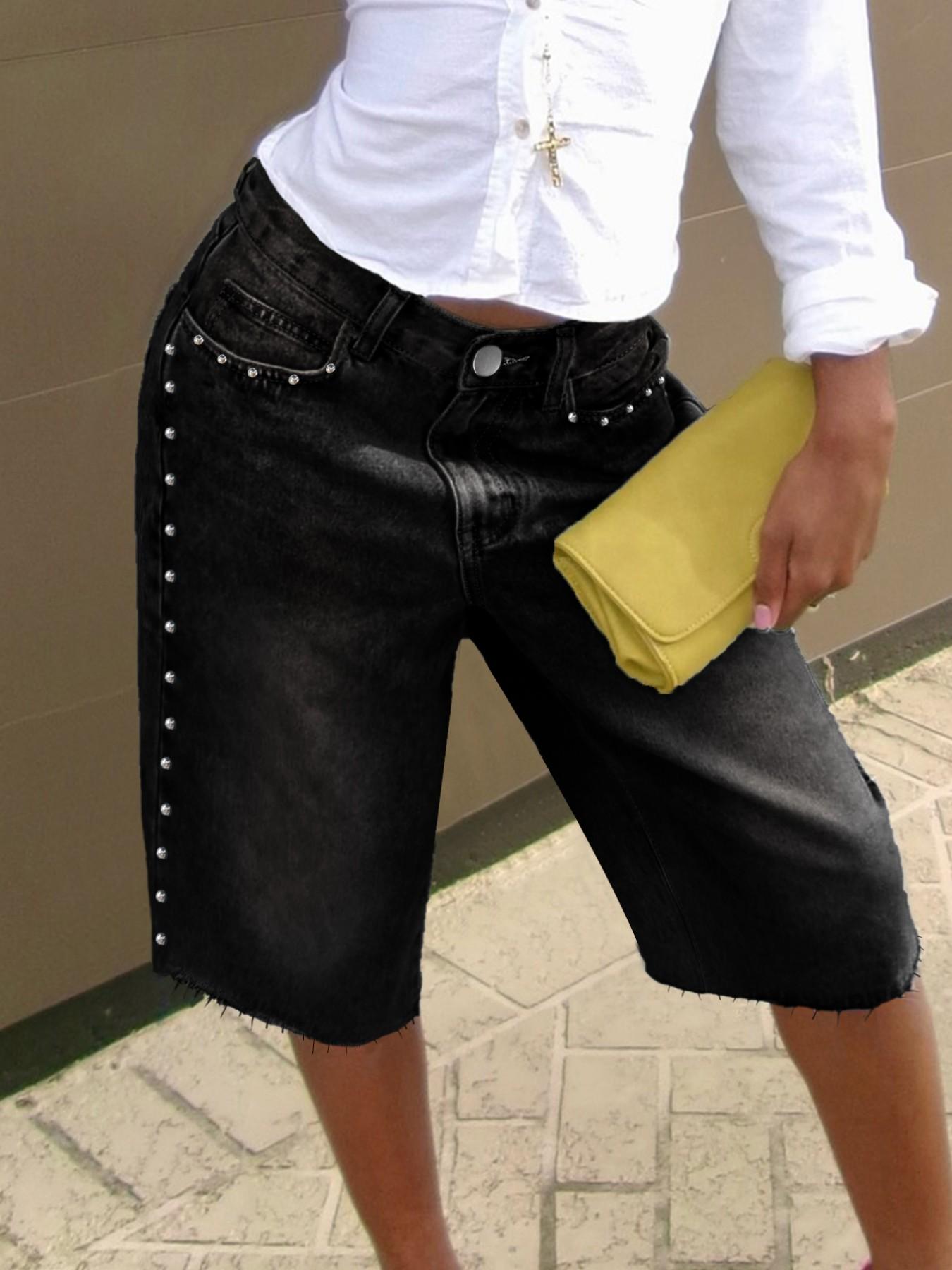 Vintage Washed Studded Wide-Leg Denim Jorts, Raw Hem High-Waisted Bermuda Shorts, Perfect for Brunch Dates & City Chic Vintage Washed Studded Wide-Leg Denim Jorts, Raw Hem High-Waisted Bermuda Shorts, Perfect for Brunch Dates & City Chic