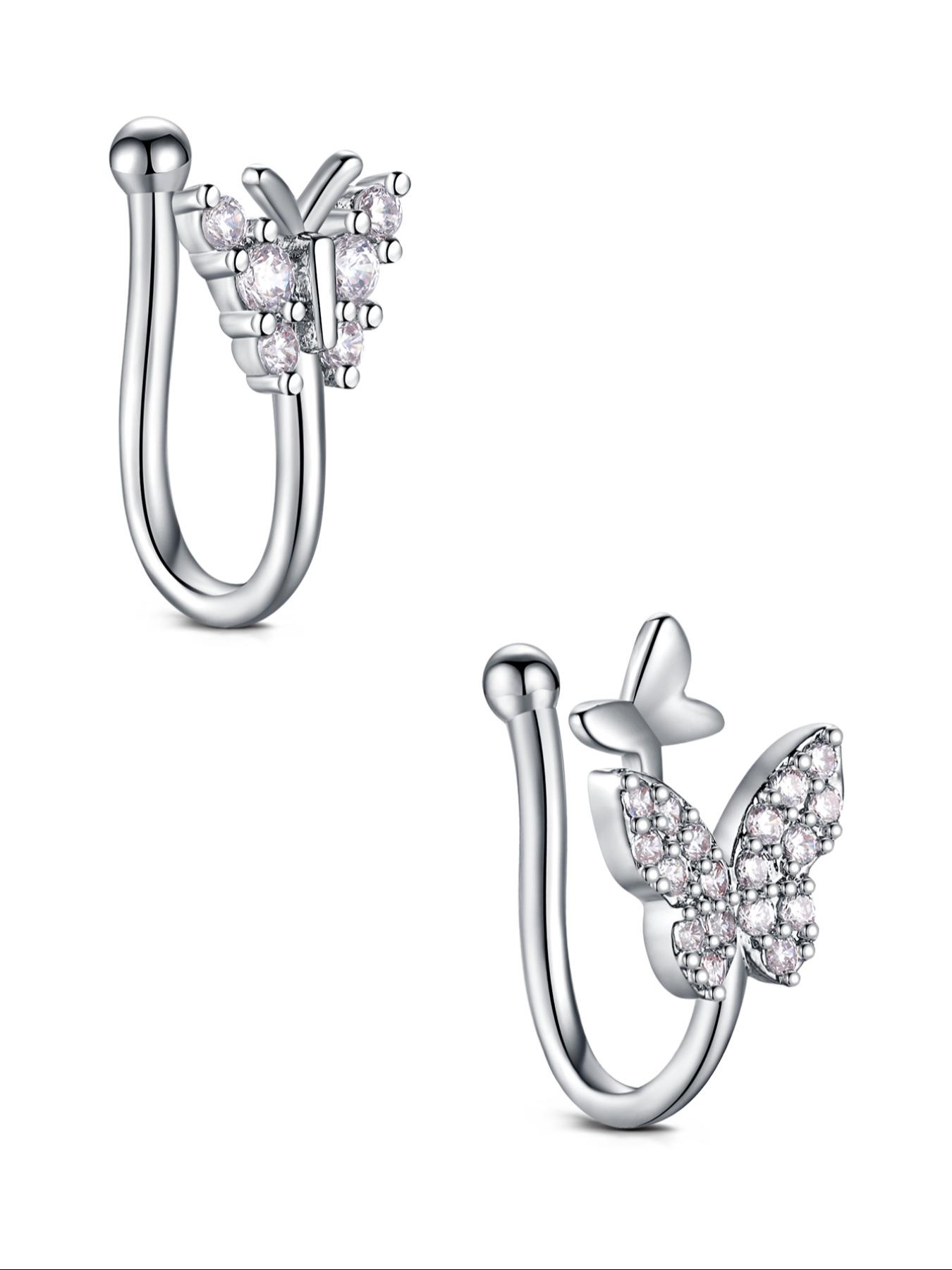 Non-Piercing Zirconia Nose Ring Clip, Nose Cuff, Moon Butterfly Design, Silver Color, Elegant Women's Jewelry Accessory, No Piercing Needed