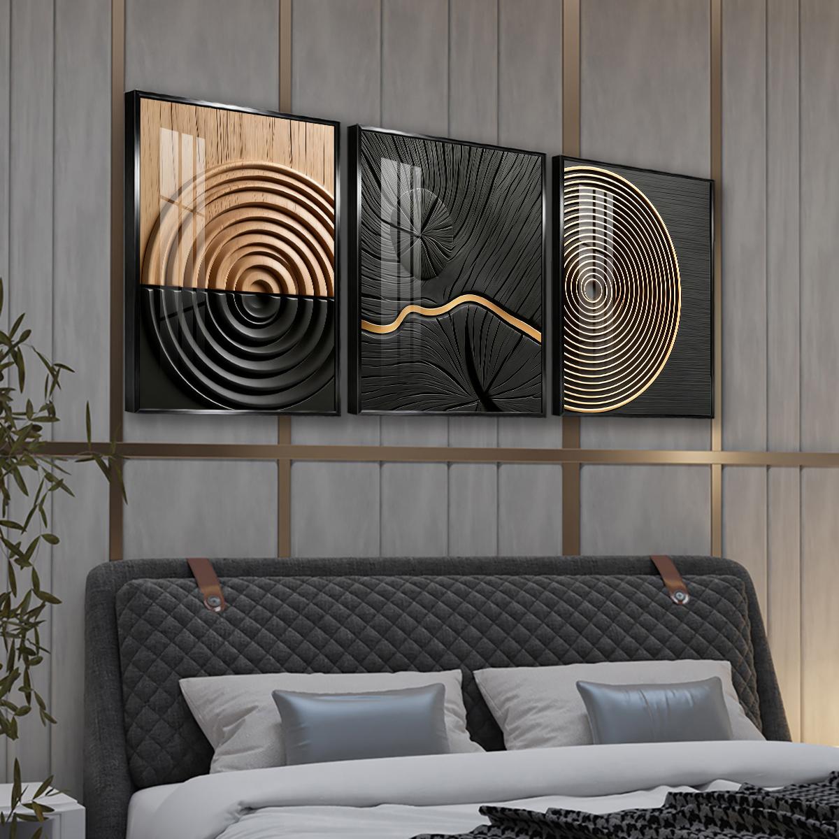3 Counts Aluminum Alloy Framed Painting, Abstract Geometric Lines And Circles Art, Home Decoration For Living Room, Bedroom, Office, Restaurant, Hallway Wall Decor, Odorless Print Artwork, Luxury Perfect Gift For Friends And Family