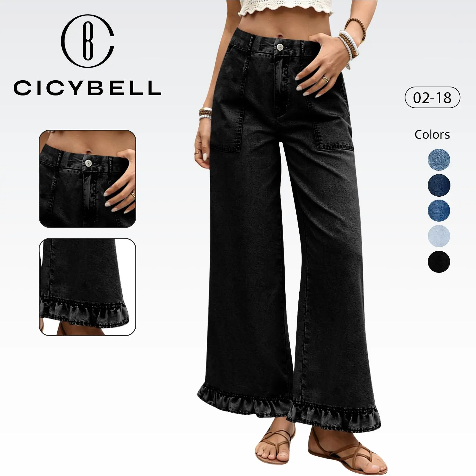 Cicy Bell Womens Ruffle Wide Leg Jeans Cropped High Waisted Baggy Trendy Denim Pants with Pockets