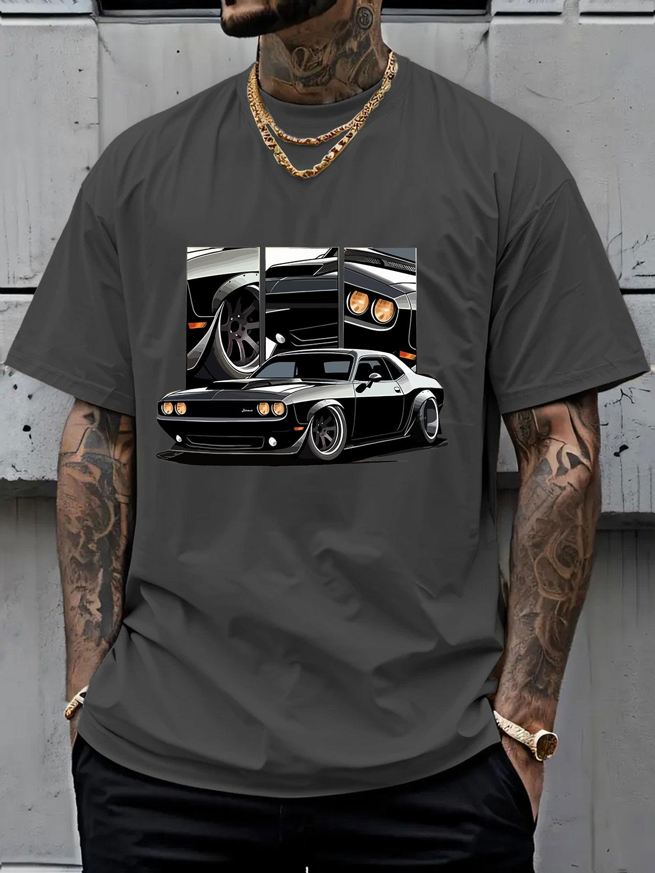 Men's Round Neck Short Sleeve T-Shirt, Summer Vintage Dodge Challenger Muscle Car Print, American Streetwear Loose Fit Top