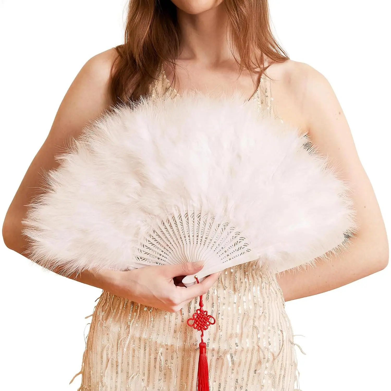 Handheld Marabou  Fan, 1920s  Style Flapper Hand Fan for Costume Party and Dancing-WHITE