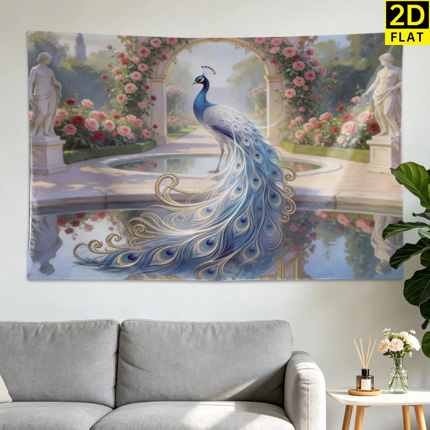 Elegant Blue Peacock Garden Rose Statue Wall tapestry,Large size Printed Horizontal Tapestry blanket,Polyester Fabric Wall Hanging for living room,bedroom,No Installation Required,Indoor,Outdoor,Gift for Family and Friends