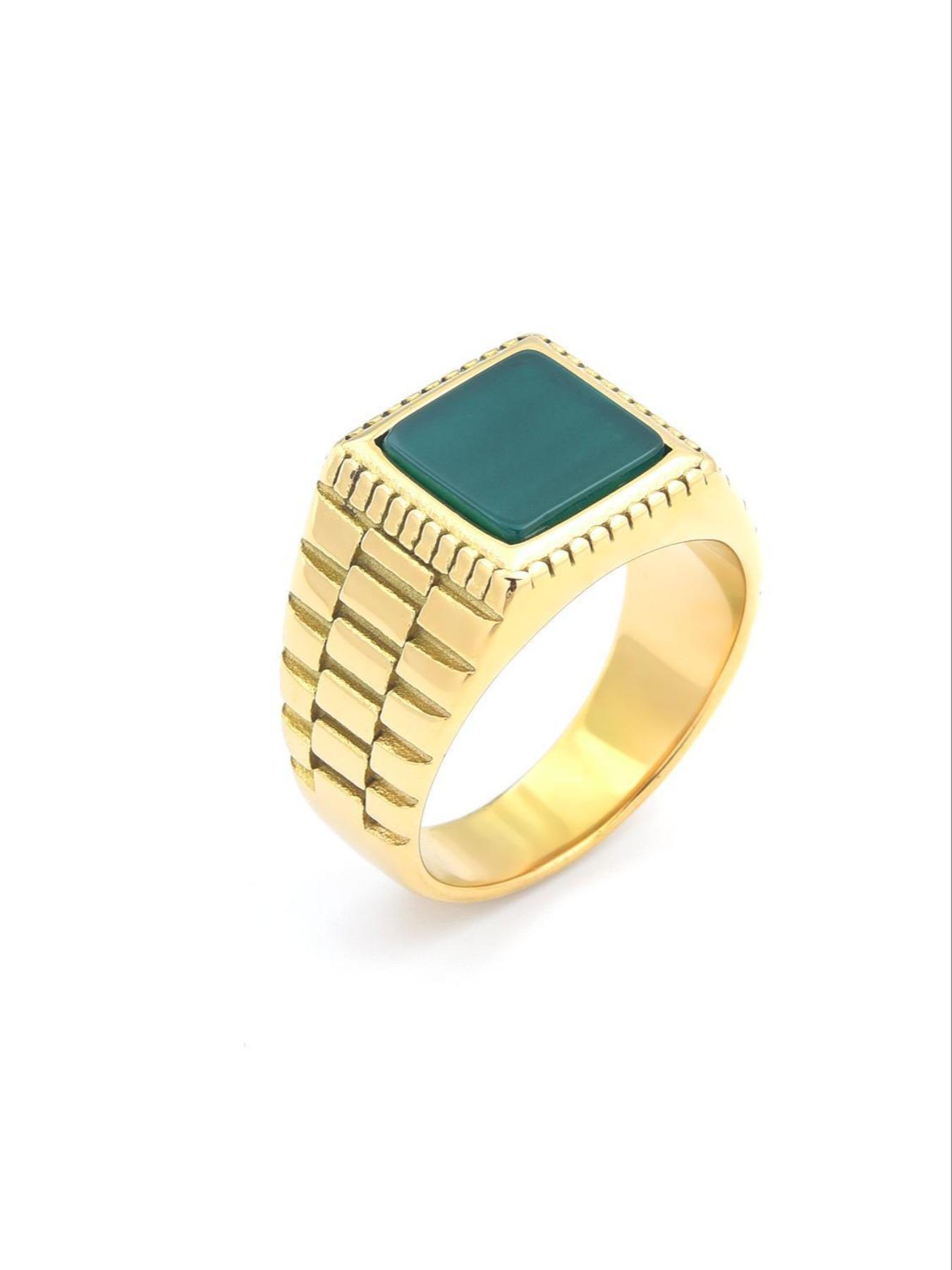 High-Quality Men's Ring, 18K Gold Plated Tarnish-Free, Square Black Gemstone Exudes Boldness